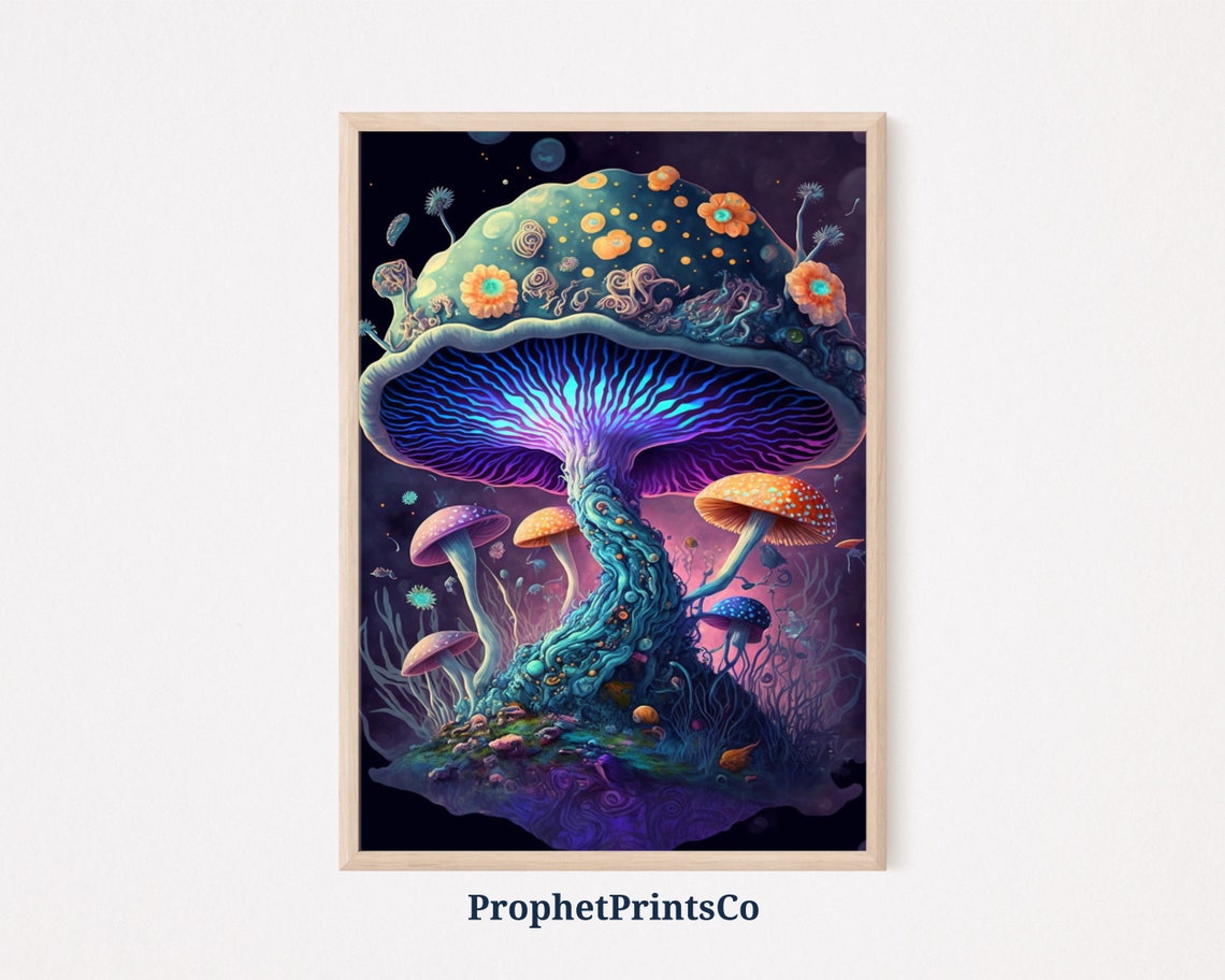 Neon Blue Trippy Mushroom With Cosmic Spotted Cap Psychedelic Poster