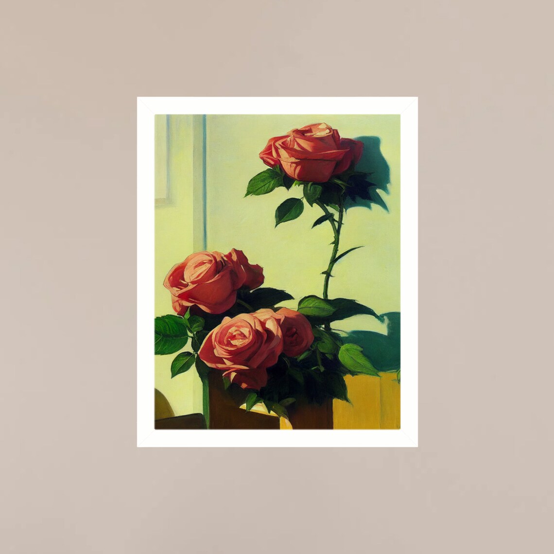 Sunlit Coral Rose Bouquet in Vase Oil Painting Floral Poster - Image 3