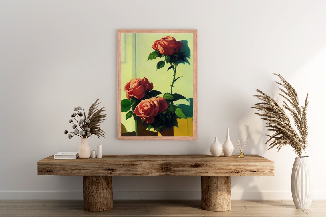 Sunlit Coral Rose Bouquet in Vase Oil Painting Floral Poster - Image 2