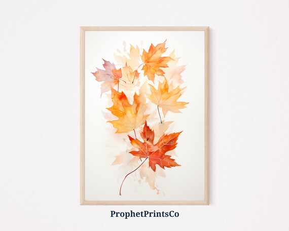 Watercolor Amber Maple Leaves on White Minimal Botanical Autumn Painting Poster