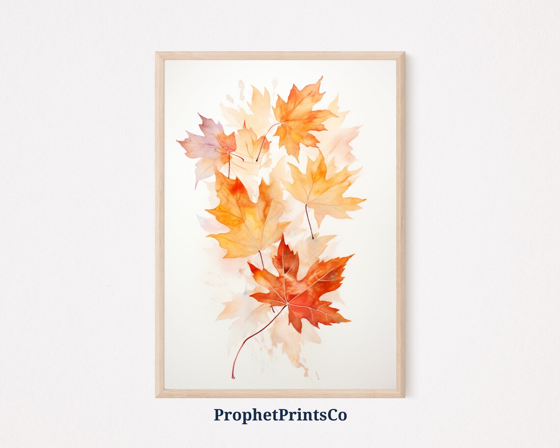Watercolor Amber Maple Leaves on White Minimal Botanical Autumn Painting Poster