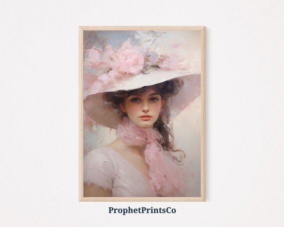 Woman White Hat Pink Peonies Pink Scarf Vintage Portrait Poster