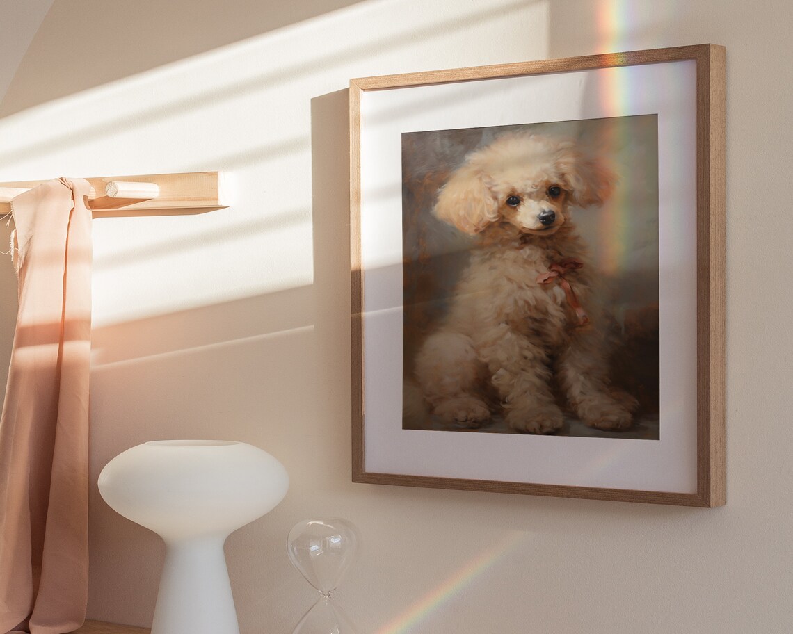 Cream Poodle Puppy Pink Ribbon Vintage Oil Portrait Dog Poster - Image 3