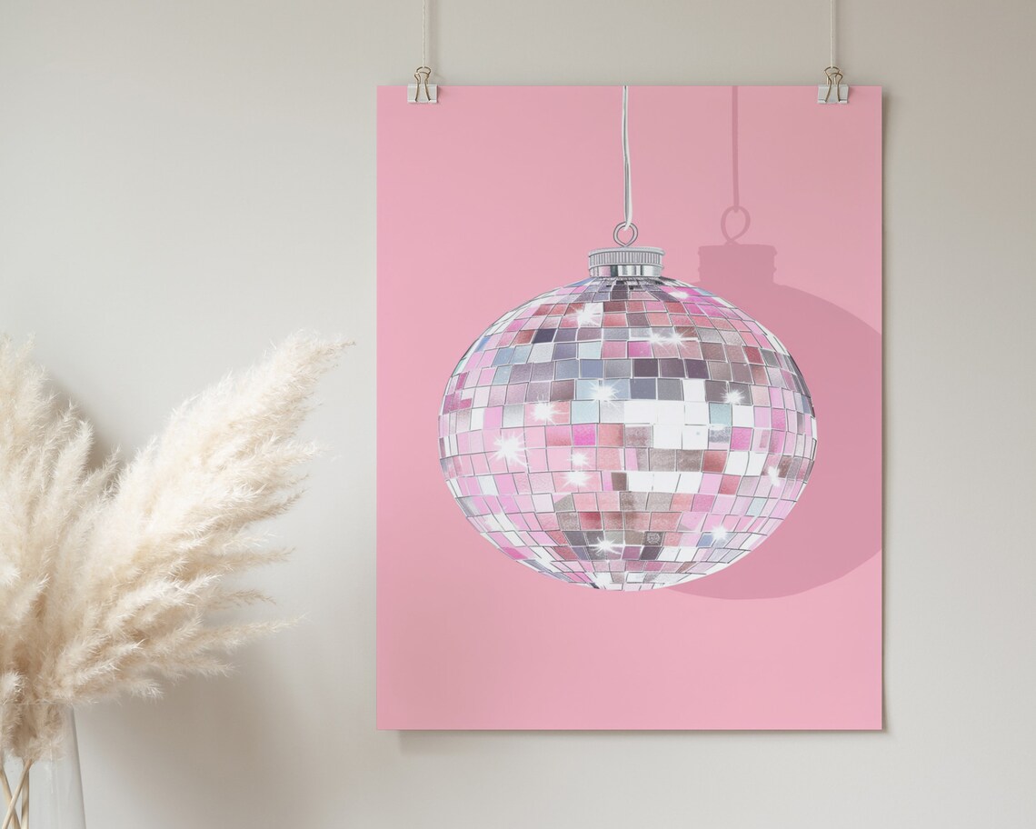 Hanging Disco Ball Shadow Illustration Pink Glam Party Decor Poster - Image 2