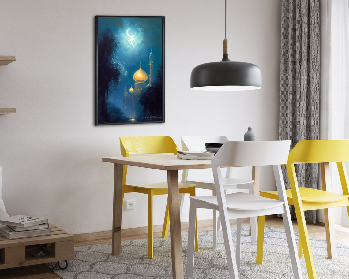 Golden Domed Mosque Under a Crescent Moon Night Painting Poster - Image 2