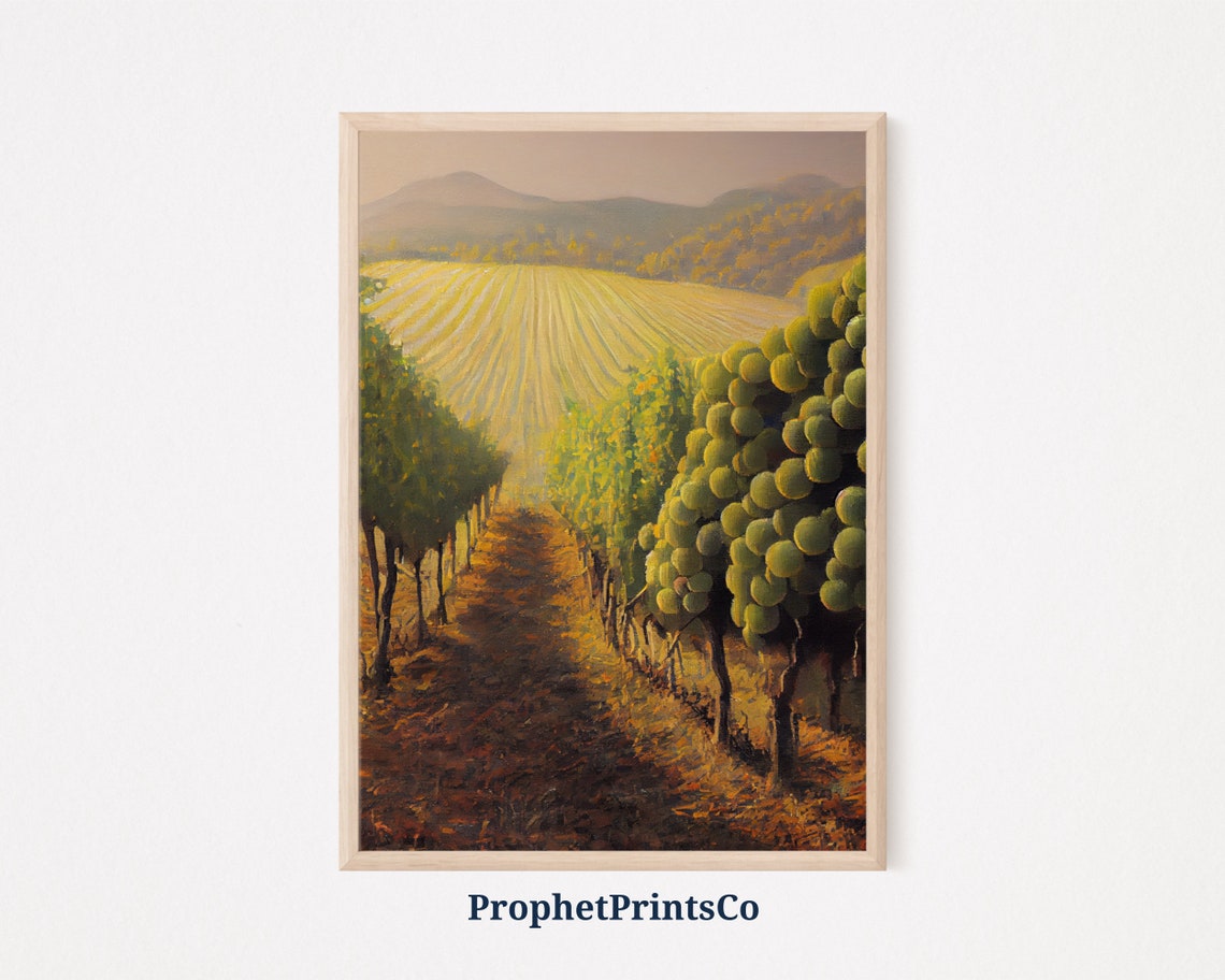 Golden Hour Vineyard Rows Ripe Grape Clusters Countryside Art Poster