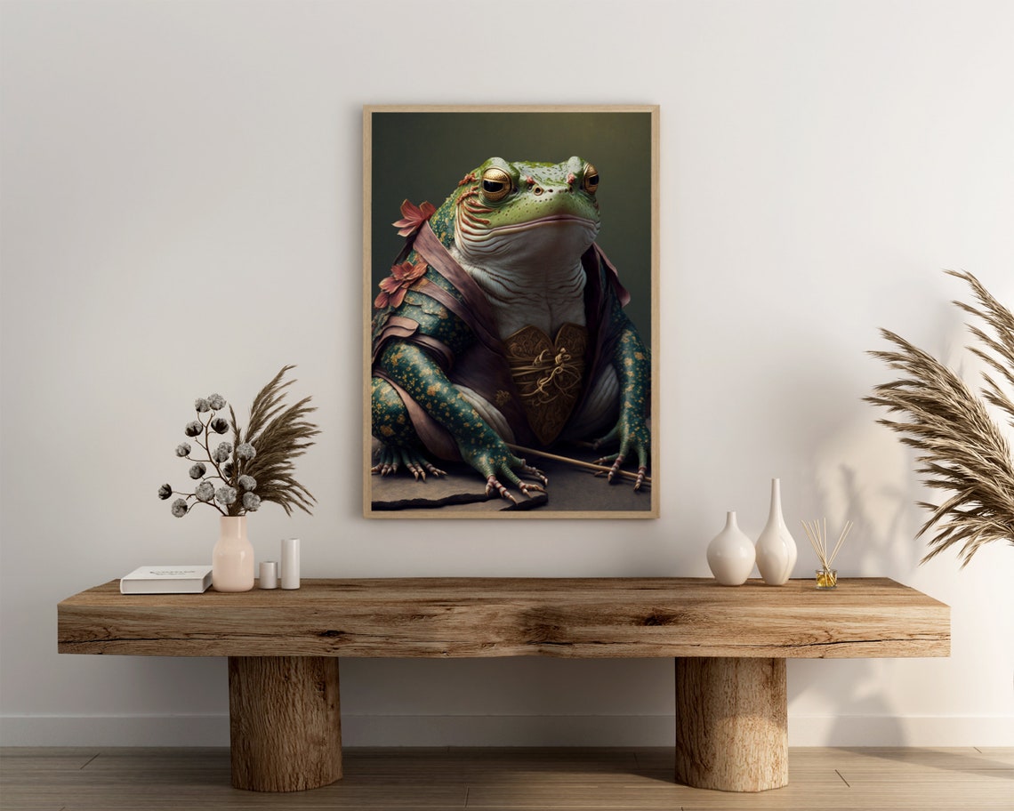 Regal Frog in Embroidered Dark Kimono With Red Flowers Art Poster - Image 3