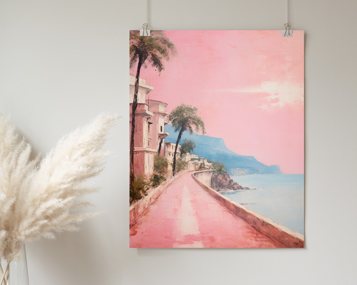 Pink Amalfi Coast Seaside Road Palm Trees Dreamy Travel Art Poster - Image 2