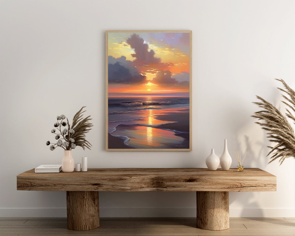 Dramatic Beach Sunset Oil Painting Ocean Waves Coastal Wall Poster - Image 3