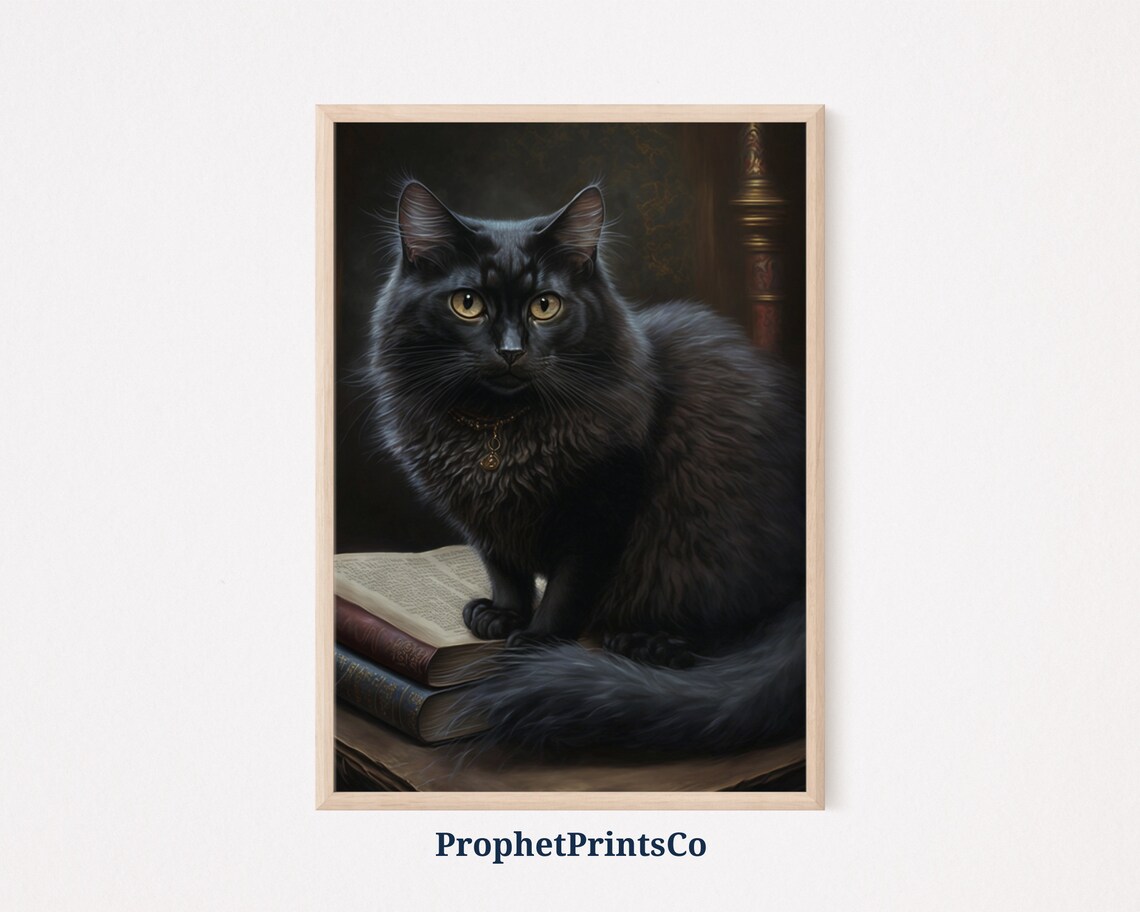 Fluffy Black Cat With Golden Eyes On Vintage Books Art Poster