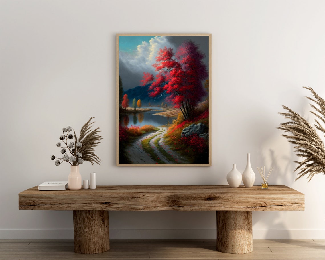 Crimson Red Tree By Lake With Winding Path Autumn Art Poster - Image 3