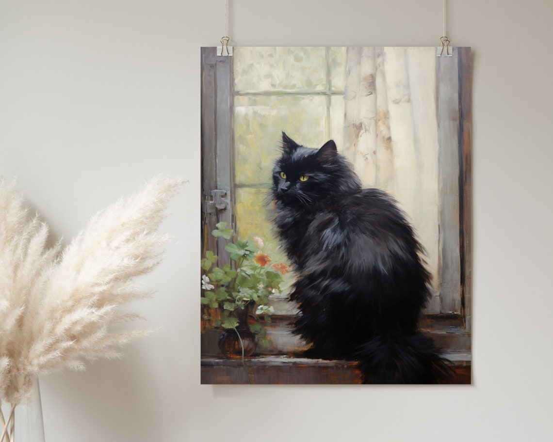 Black Cat Beside Bright Potted Flowers In Sunlit Window Art Poster - Image 2
