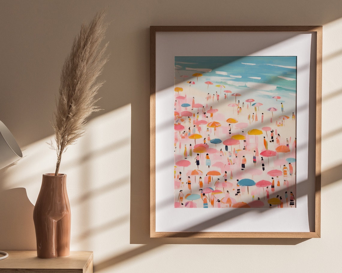 Pink Beach With Colorful Umbrellas Crowded Summer Shoreline Art Poster - Image 4