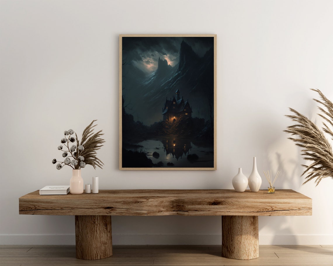 Gothic Manor by Moonlit Lake Reflection Mountain Night Poster - Image 3