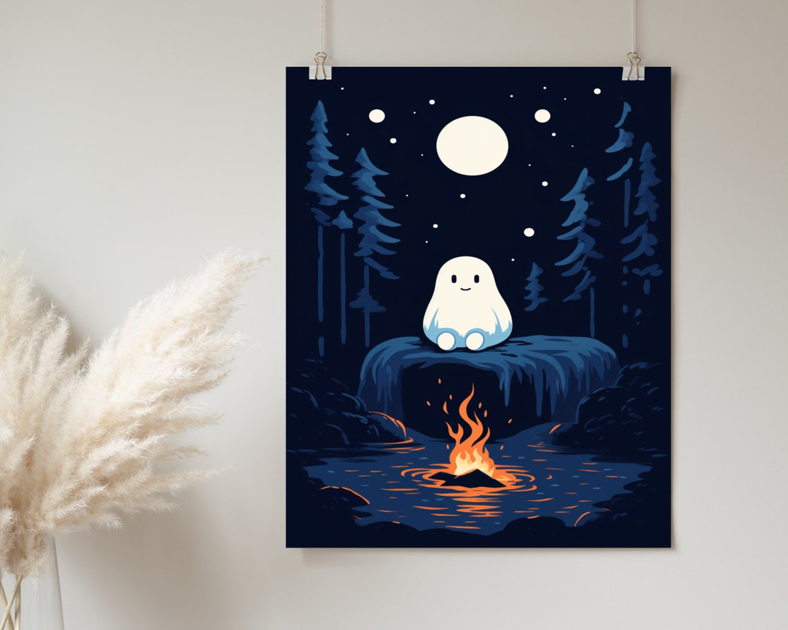 Cute Ghost By Campfire Under Full Moon Forest Night Art Poster - Image 2