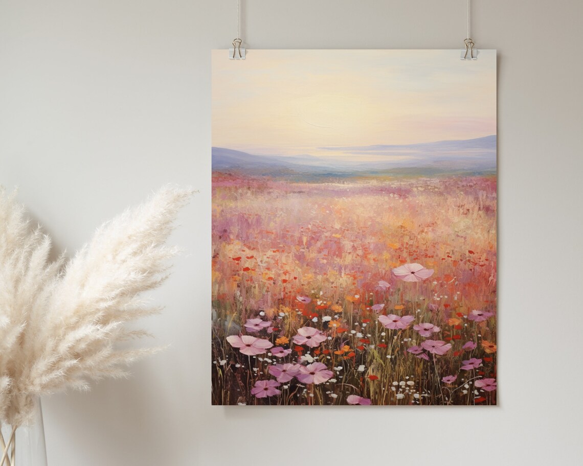 Pink Cosmos Wildflower Sunset Field Romantic Floral Art Poster - Image 2