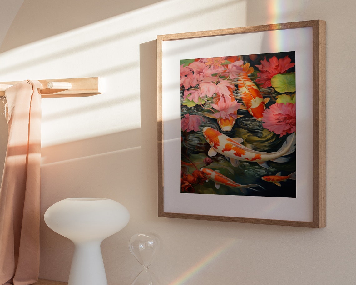 Koi Fish Among Vibrant Pink Tropical Flowers Pond Painting Poster - Image 3