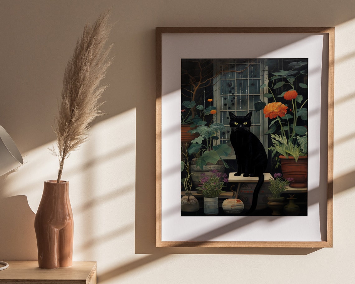 Black Cat Night Garden Rain Window Moody Botanical Art Poster - Image 4