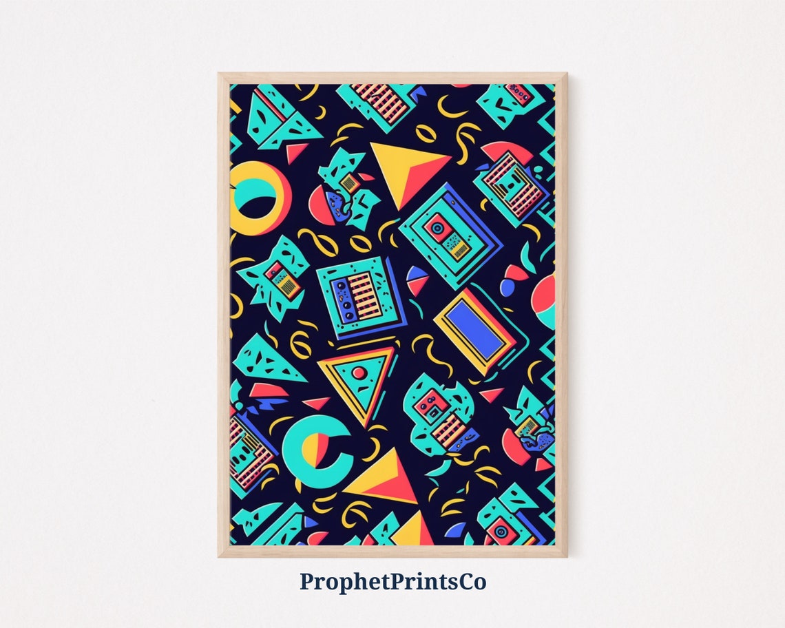 Retro Game Tech Collage Poster Cassette Tapes on Dark Navy Design