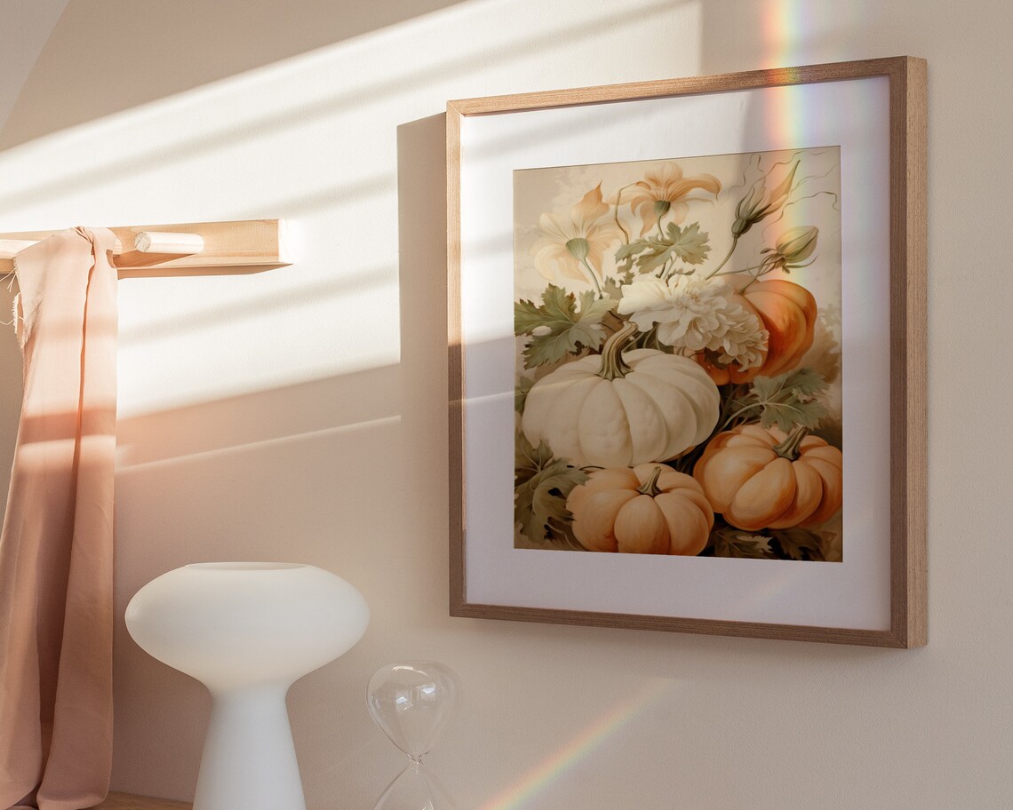 Pumpkins With White Flowers Vintage Botanical Autumn Art Poster - Image 3