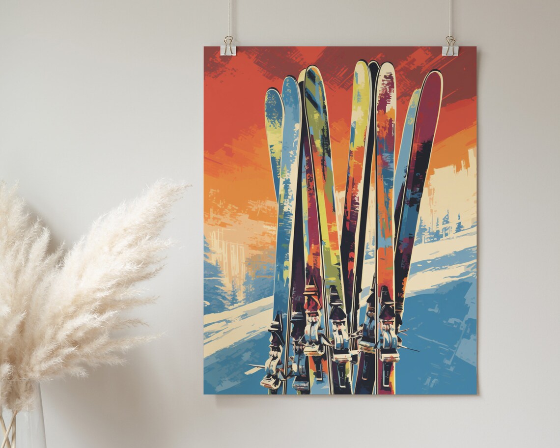 Vintage Pop Art Skis Orange Sunset Slope Retro Winter Ski Poster - Image 2