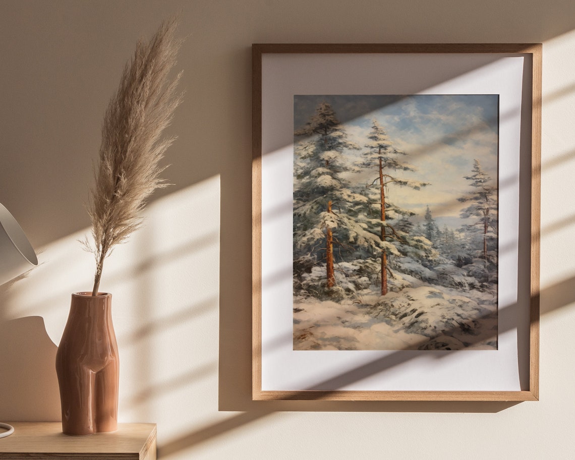 Tall Snowy Pine Trees Blue Sky Winter Forest Painting Poster - Image 4