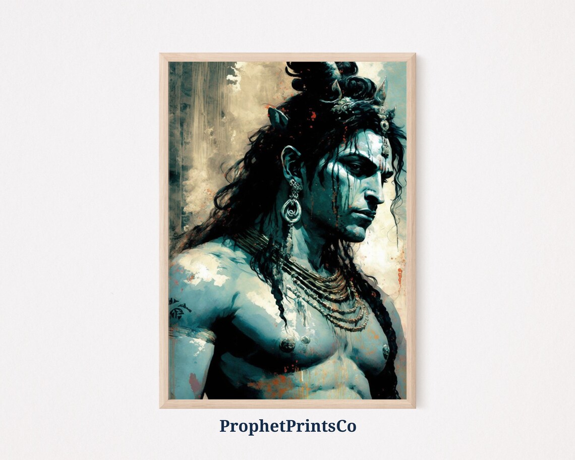 Lord Shiva Blue Grey Profile Piled Hair Earrings Hindu God Art Poster