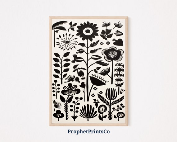 Black And White Floral Pattern Print Boho Wall Art Mid Century Print Cute Eclectic Home Dcor Wall Art