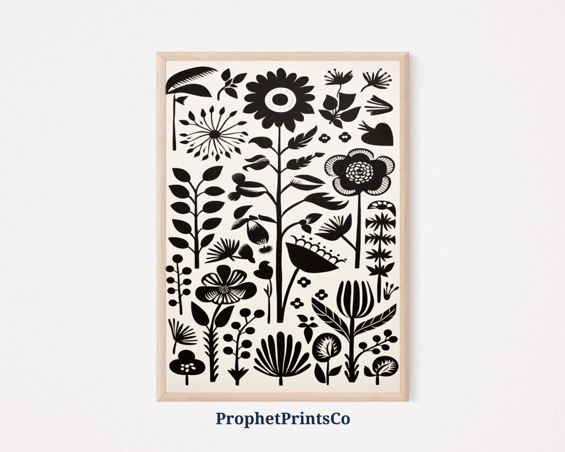 Black And White Floral Pattern Print Boho Wall Art Mid Century Print Cute Eclectic Home Dcor Wall Art