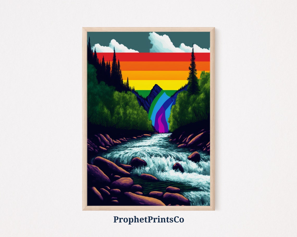 Rainbow Sky Waterfall Pouring River Pine Forest Vector Poster