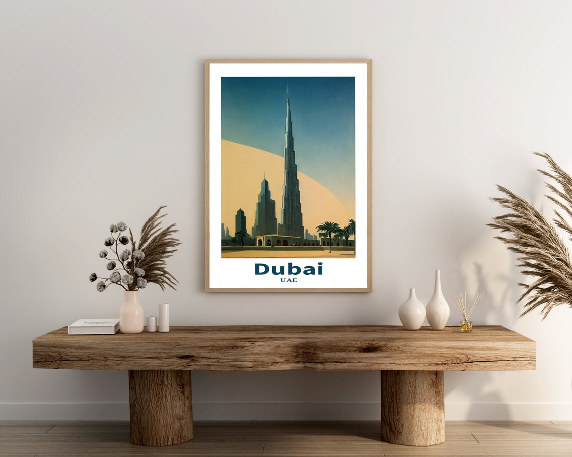 Dubai UAE Burj Khalifa Against Desert Sun Palms Retro Travel Poster - Image 3