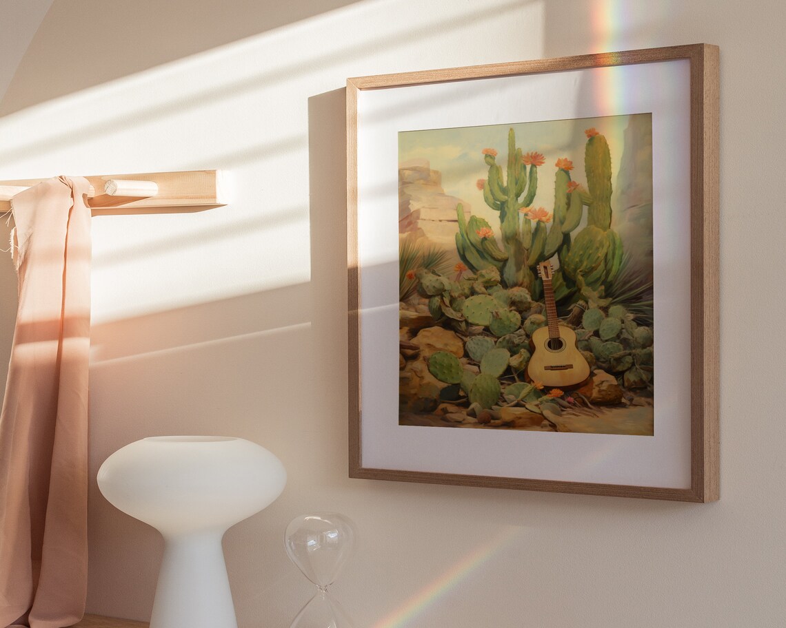 Acoustic Guitar Among Blooming Cacti Mexican Desert Vintage Painting Poster - Image 3