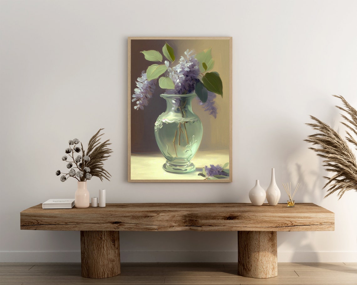 Purple Lilacs in a Green Glass Vase Sunlit Still Life Poster - Image 3