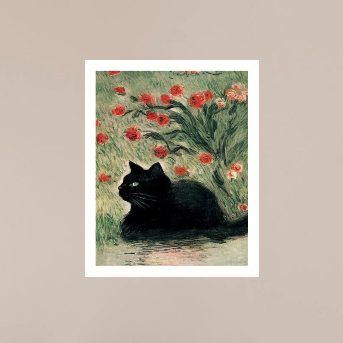 Black Cat Rose Garden Impressionist Painting Moody Feline Art Poster - Image 3