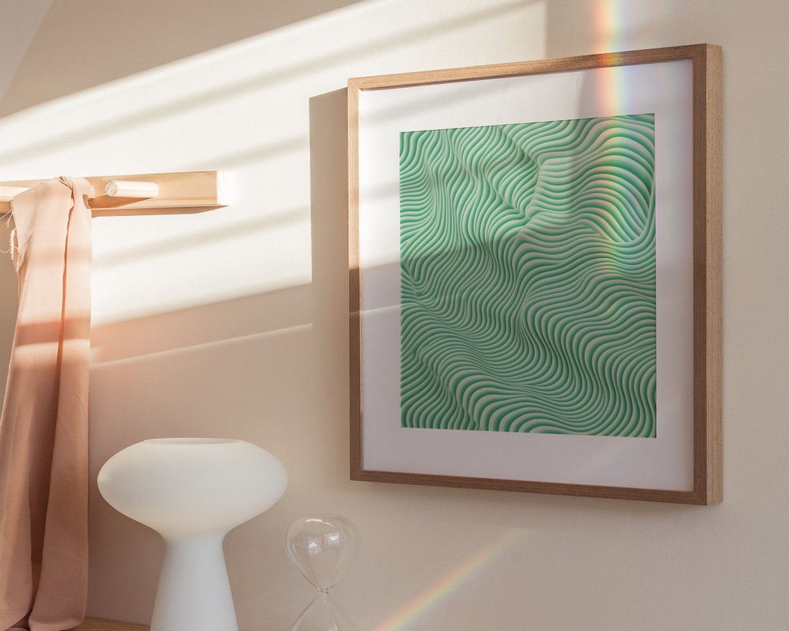 Serene Mint Green Topographic Wavy Lines Contemporary Art Poster - Image 3