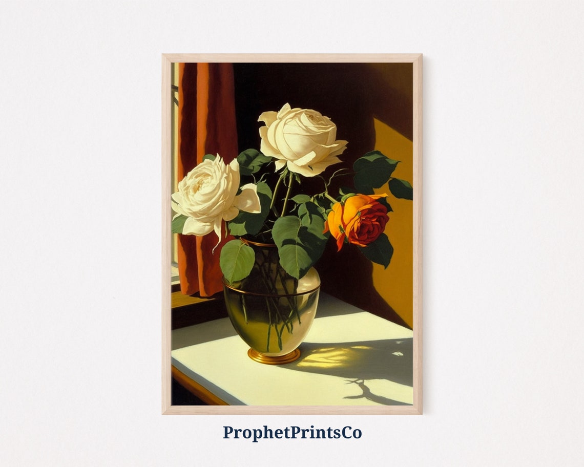 White And Orange Roses In Glass Vase Sunlit Window Still Life Poster