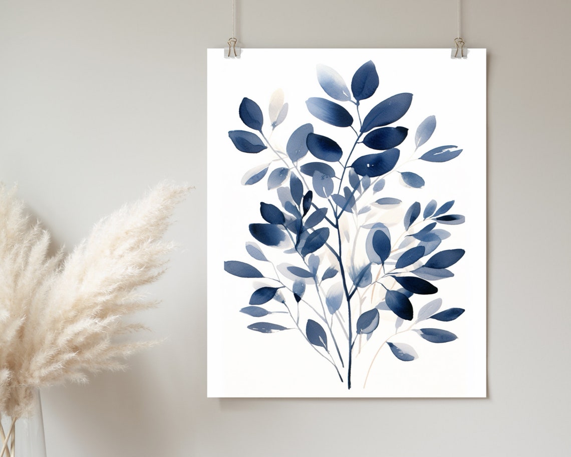 Blue Watercolor Leafy Branches Minimalist Botanical Decor Poster - Image 2