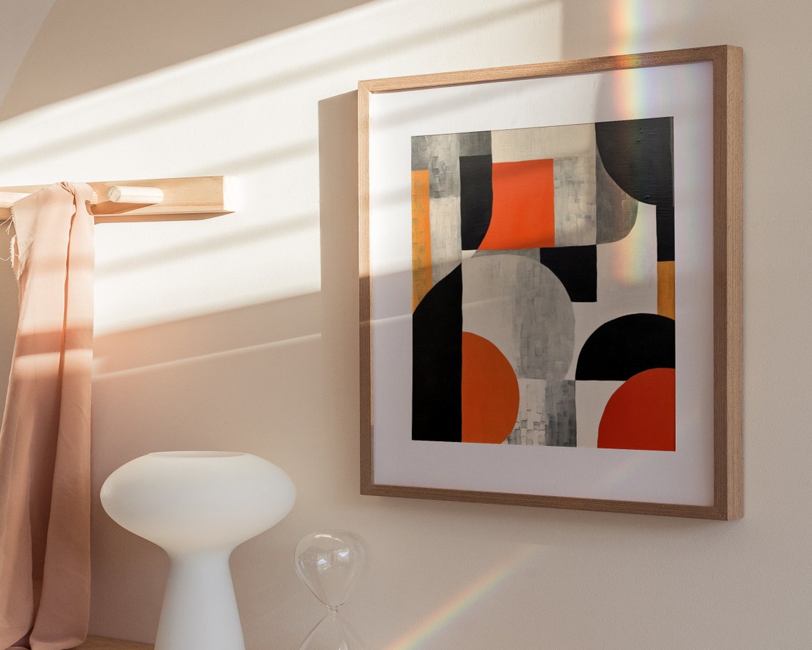 Mid Century Modern Geometric Black Orange Abstract Art Poster - Image 2