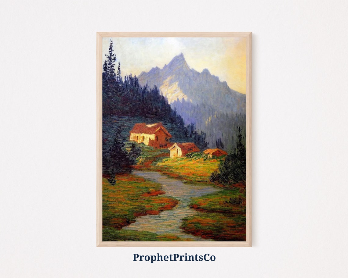 Small Cabins in an Alpine Valley With a Mountain Stream Poster