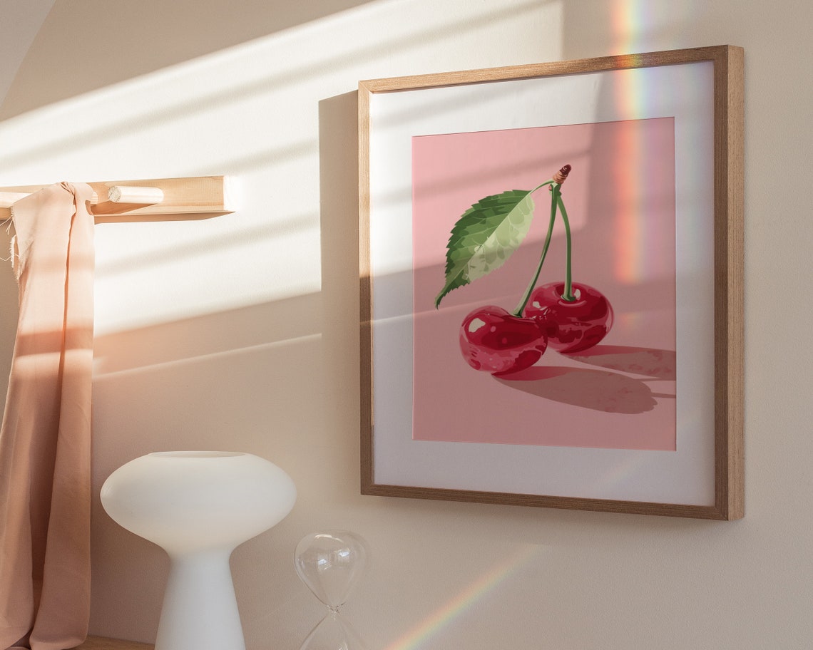 Shiny Red Cherries Green Leaf Pink Pop Art Sweet Kitchen Wall Poster - Image 3