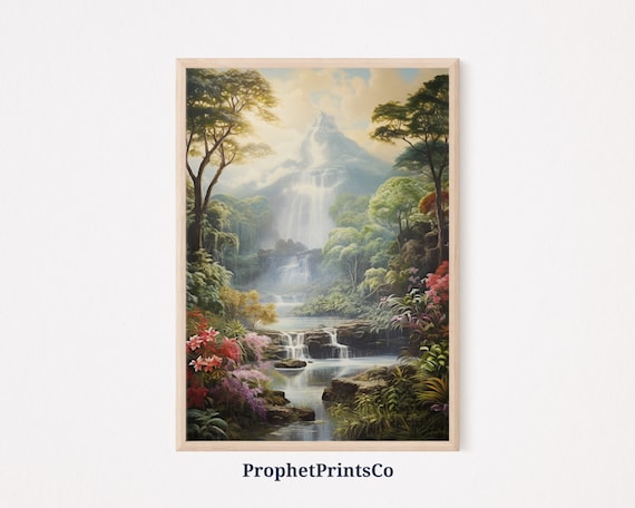 Tropical Waterfall Lush Jungle Flowers Mountain Painting Poster