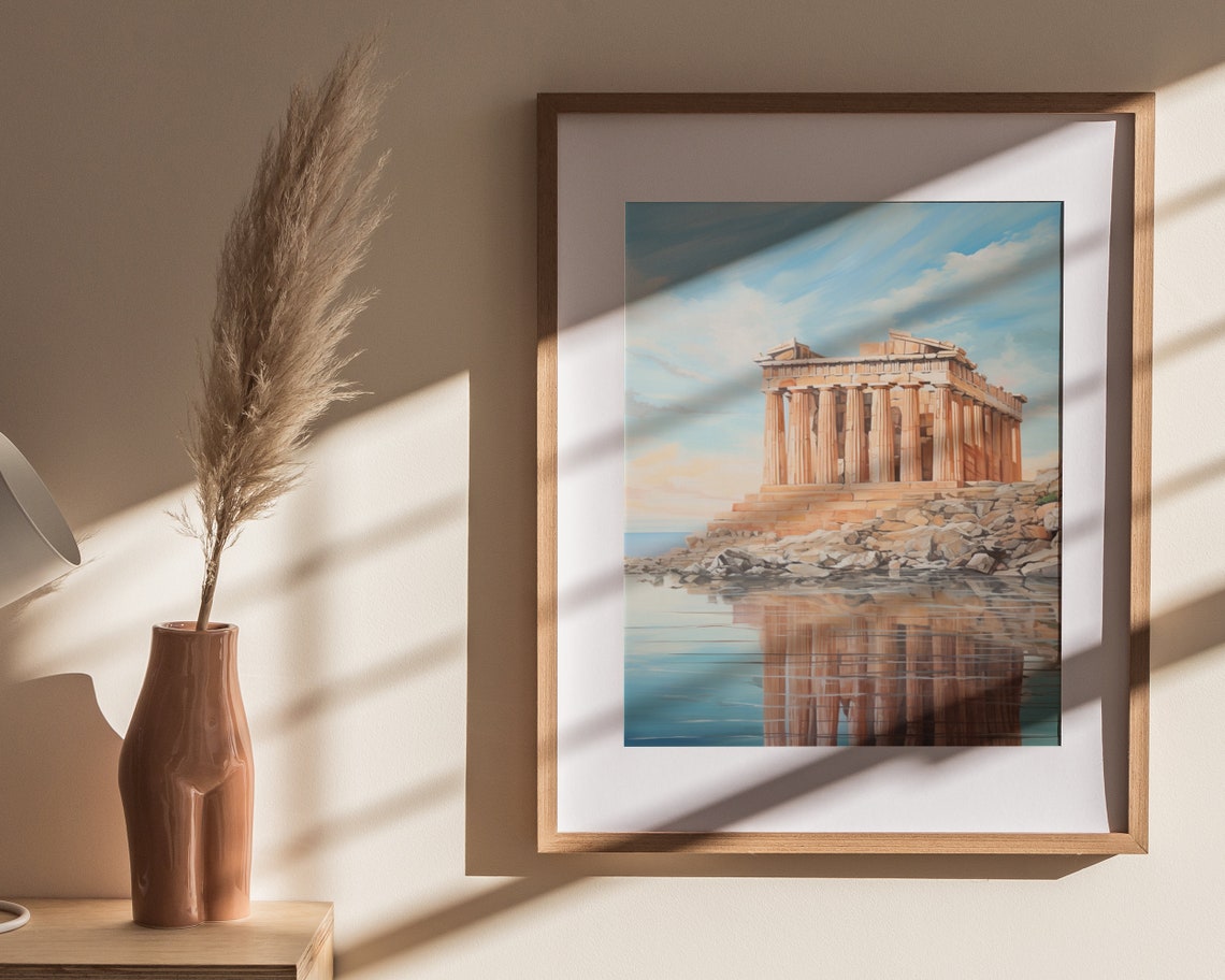 Parthenon Ancient Greek Temple Watercolor Seaside Reflection Poster - Image 4