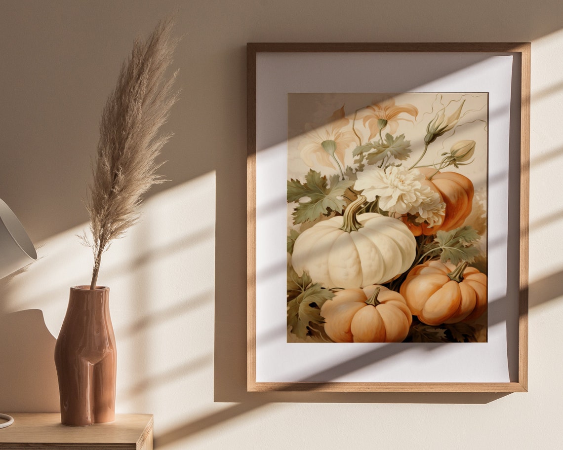 Pumpkins With White Flowers Vintage Botanical Autumn Art Poster - Image 4