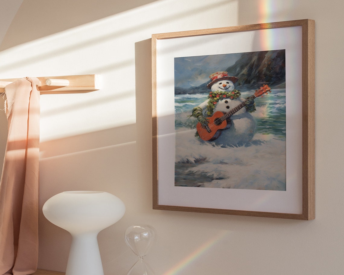 Snowman Playing Guitar Ocean Surf Waves Holiday Fun Christmas Poster - Image 3