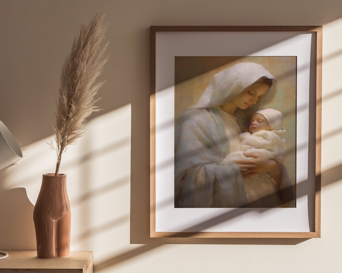 Tender Madonna and Child White Veil Religious Oil Painting Poster - Image 4