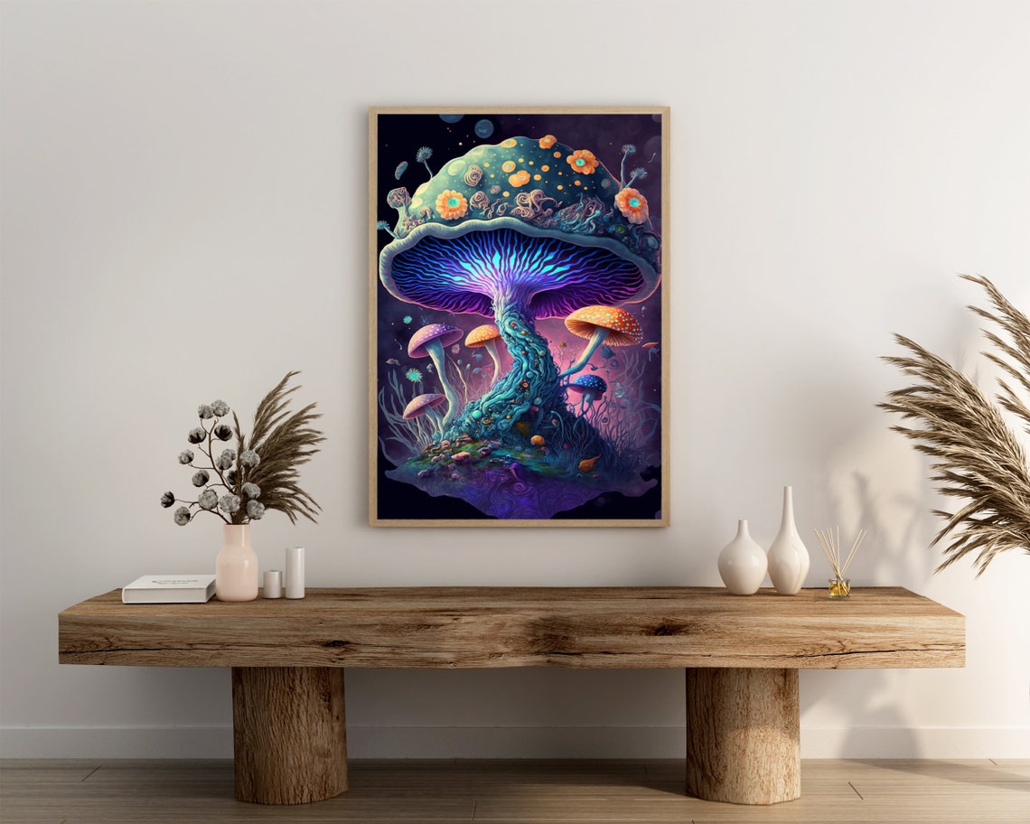 Neon Blue Trippy Mushroom With Cosmic Spotted Cap Psychedelic Poster - Image 3