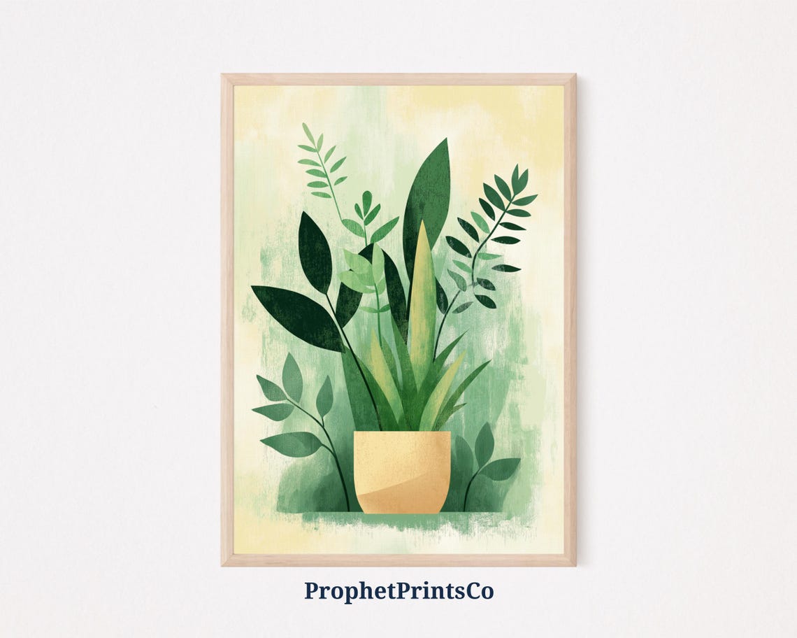 Potted Plants Illustration Beige Pot Fresh Greens Decor Poster