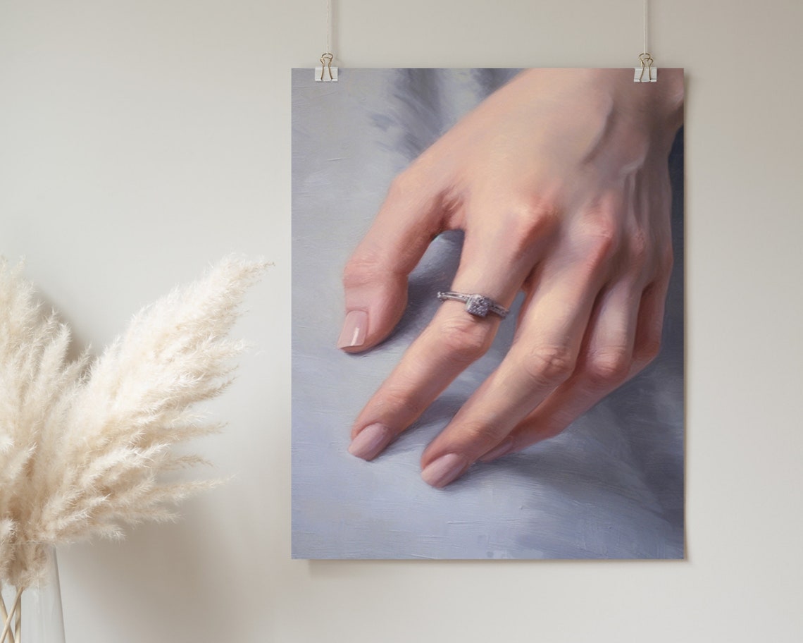 Woman Hand Diamond Ring Soft Blue Elegant Wedding Painting Poster - Image 2