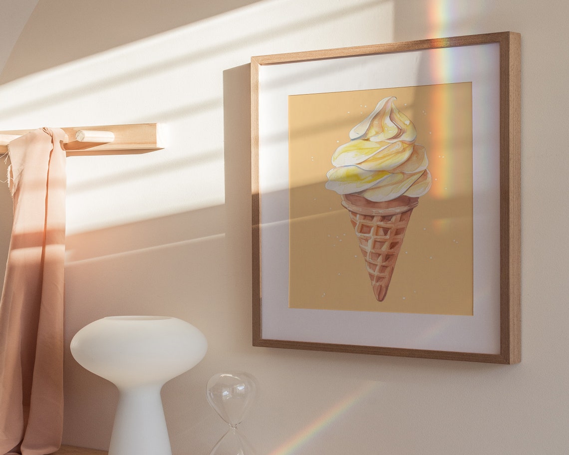 Yellow Watercolor Soft Serve Ice Cream Cone Peach Retro Dessert Poster - Image 4