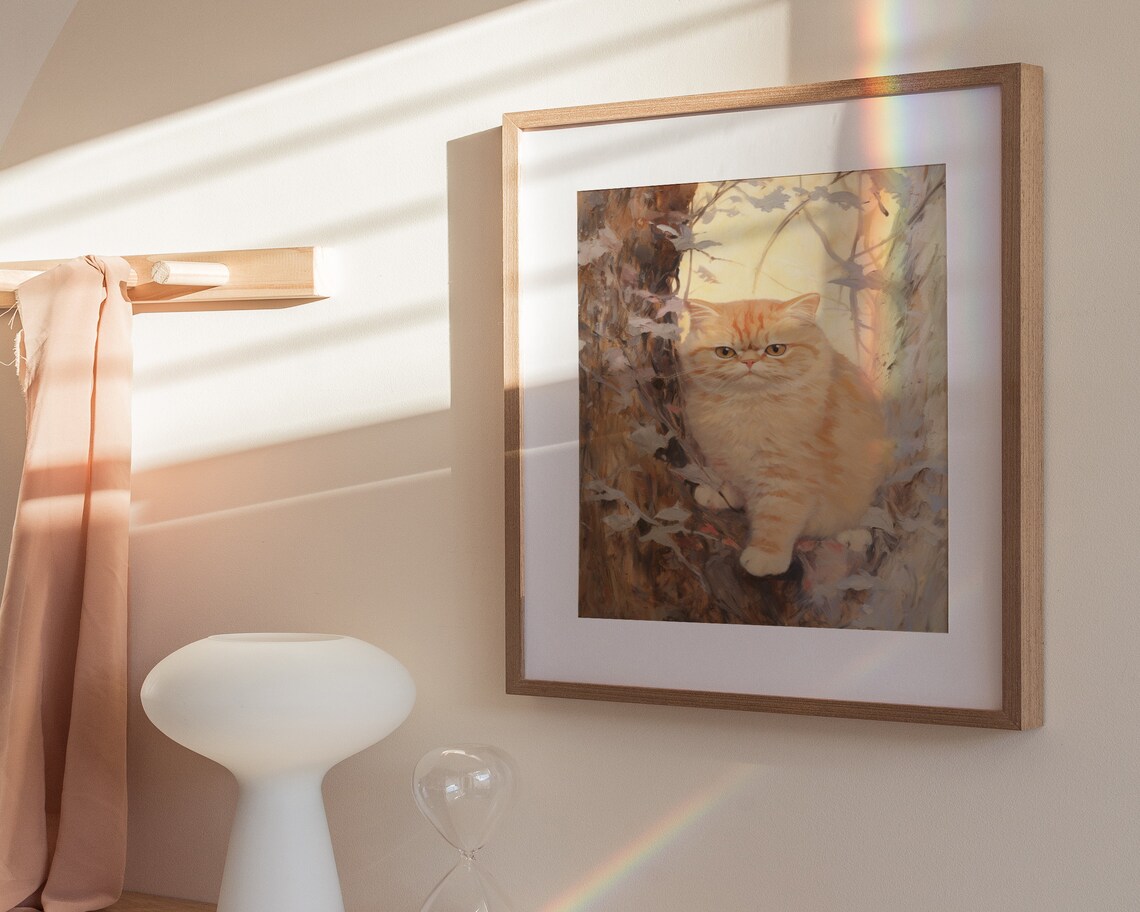 Fluffy Ginger Cat in Autumn Tree Vintage Feline Portrait Oil Painting Poster - Image 3